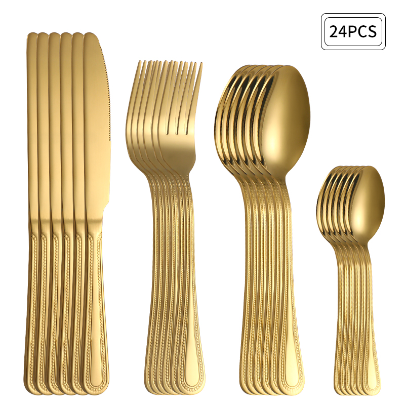 Commercial Kitchen Knives - 24pc Stainless Steel Gold Cutlery Set