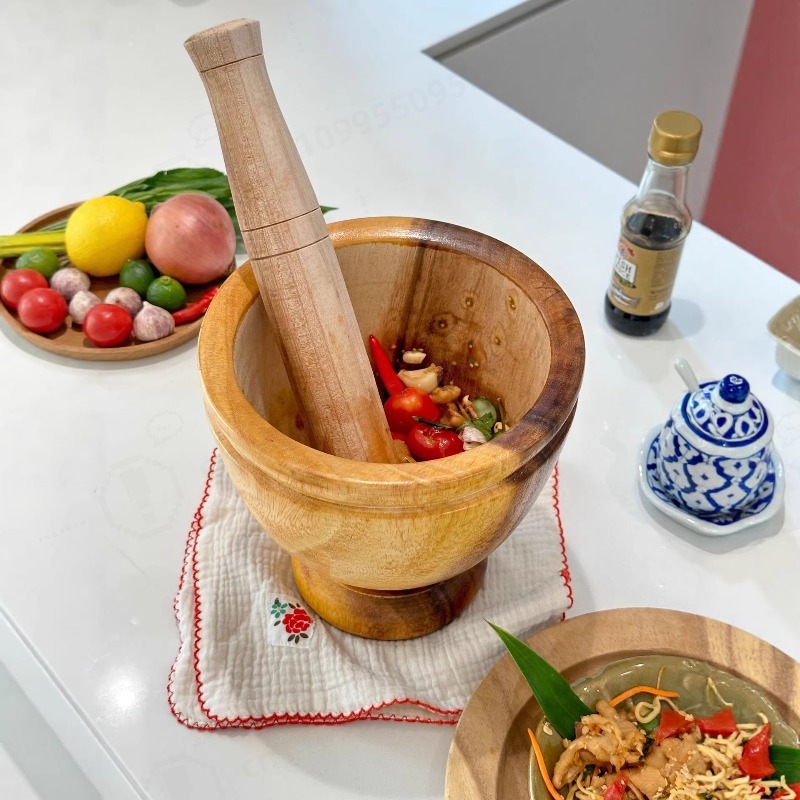 Commercial Kitchen Grinder - Natural Acacia Wood Mortar and Pestle